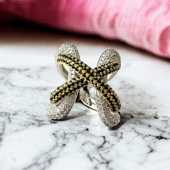 NEW Yellow & Black High Carbon Lab Sapphire Simulant Lace Up Wide Statement Ring - Picture 13 of 16